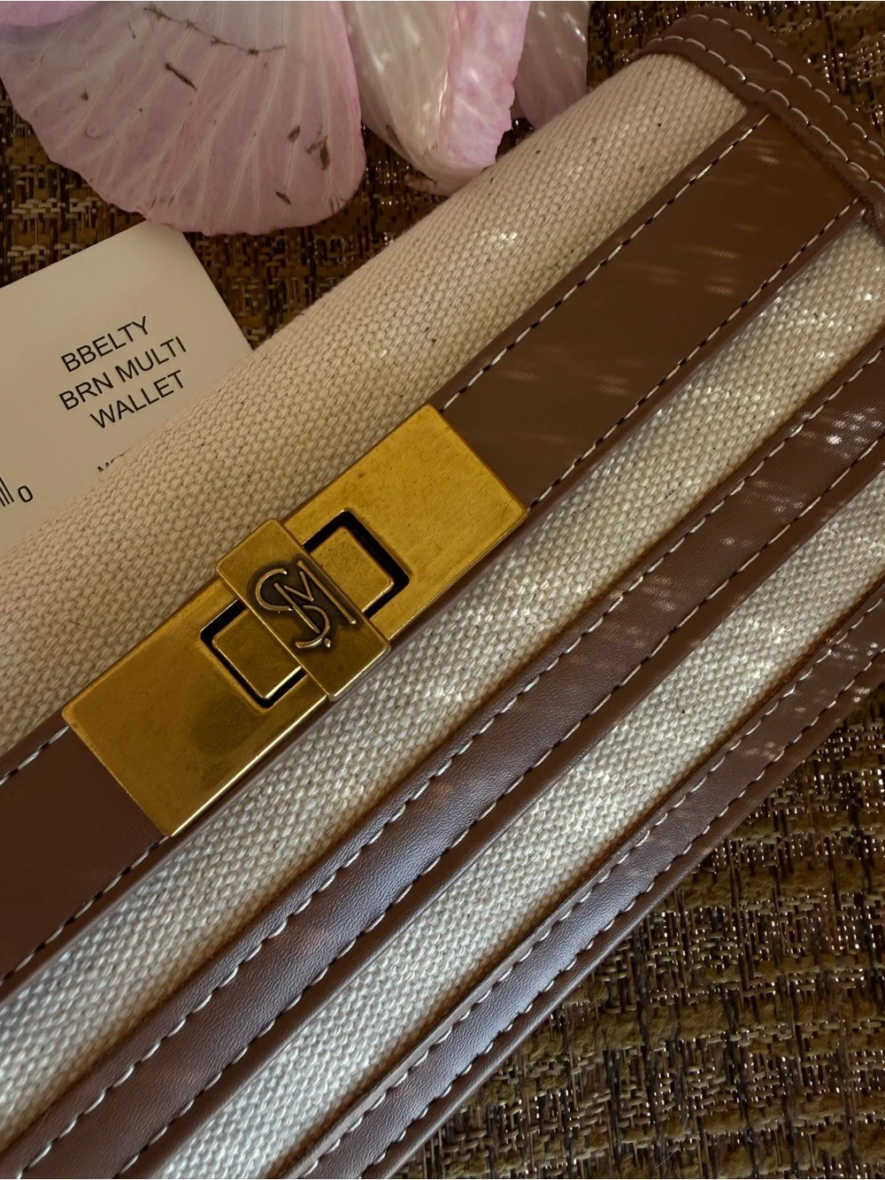 Steve Madden Beige and Taupe Canvas Wristlet with Unique Gold Accent Hardwares
